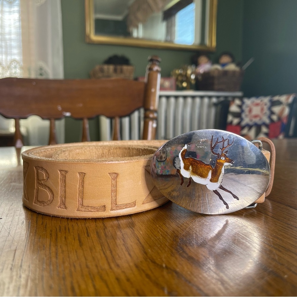 Tooled leather “Bill” belt with removable belt buckle with inlaid deer design